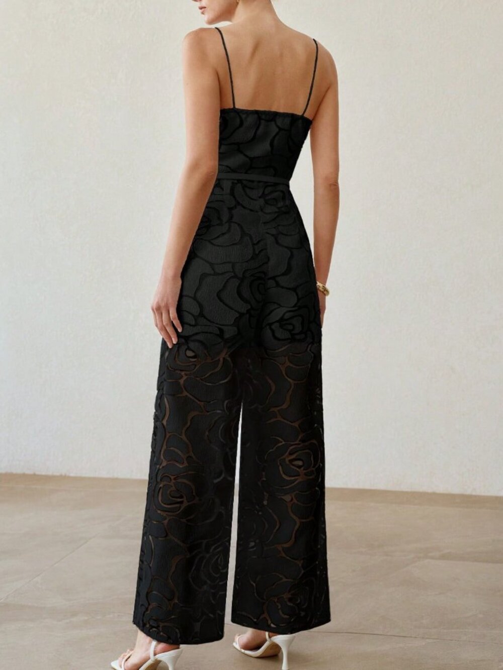 White Elegant Women's Artistic Texture Camisole Jumpsuit - Picture 2 of 7